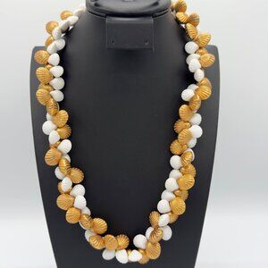 Vintage Double Twist Gold Tone White Plastic Sea Shell Beaded Necklace 20"